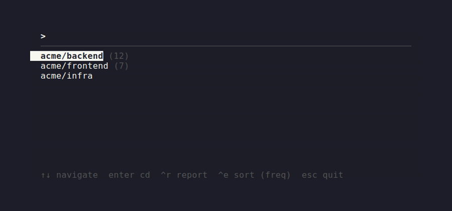 eee TUI: repo list sorted by frequency, showing run counts next to acme/backend and acme/frontend